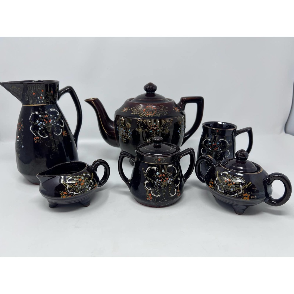 Brown Floral Tea Set 9 pieces Peach Teal‎ White Gold